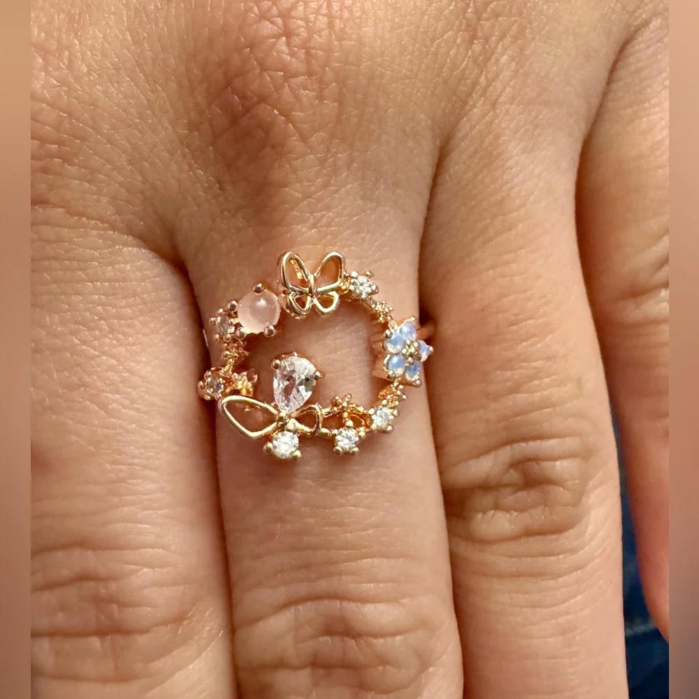 Butterfly & Flower Circle CZ Rose Gold Adjustable Band Ring